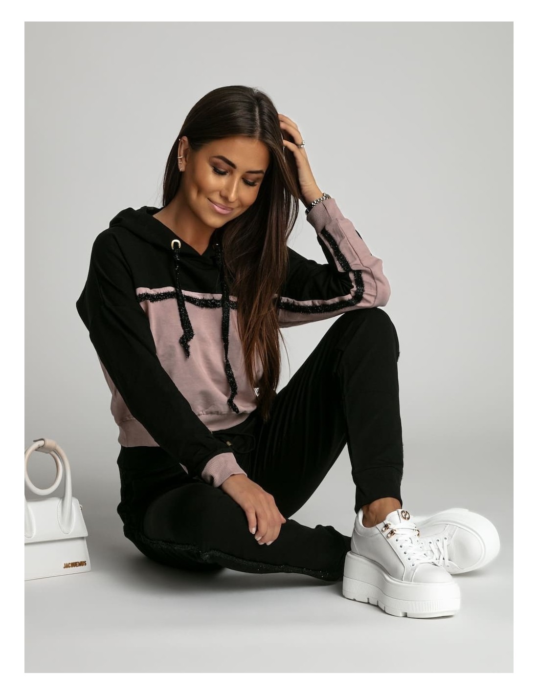 Black and beige tracksuit set with a shimmering stripe FI612 - Online store - Boutique